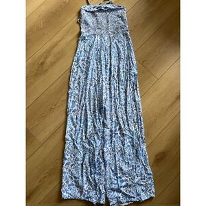 Tiare Hawaii Blue White Floral Smocked‎ Waist Maxi Dress Size S/M